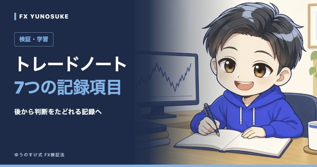 トレードノート｜7つの記録項目。ゆうのすけの解説イラスト。