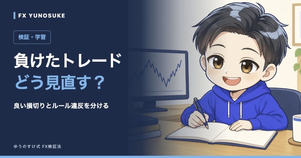 負けたトレード｜どう見直す？。ゆうのすけの解説イラスト。