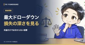 最大ドローダウン｜損失の深さを見る。ゆうのすけの解説イラスト。