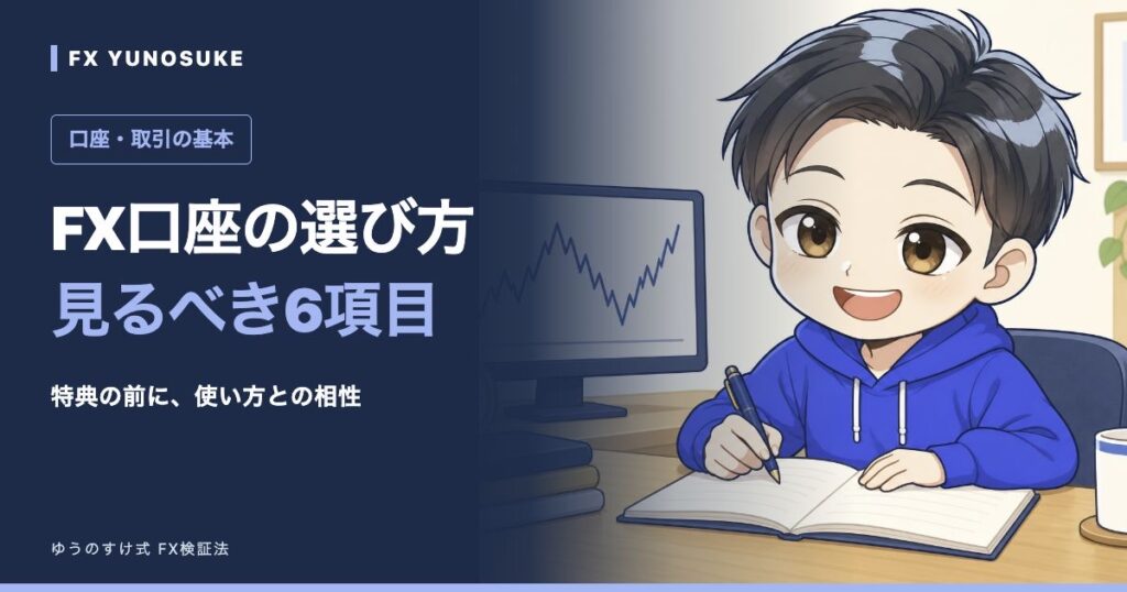 FX口座の選び方｜見るべき6項目。ゆうのすけの解説イラスト。