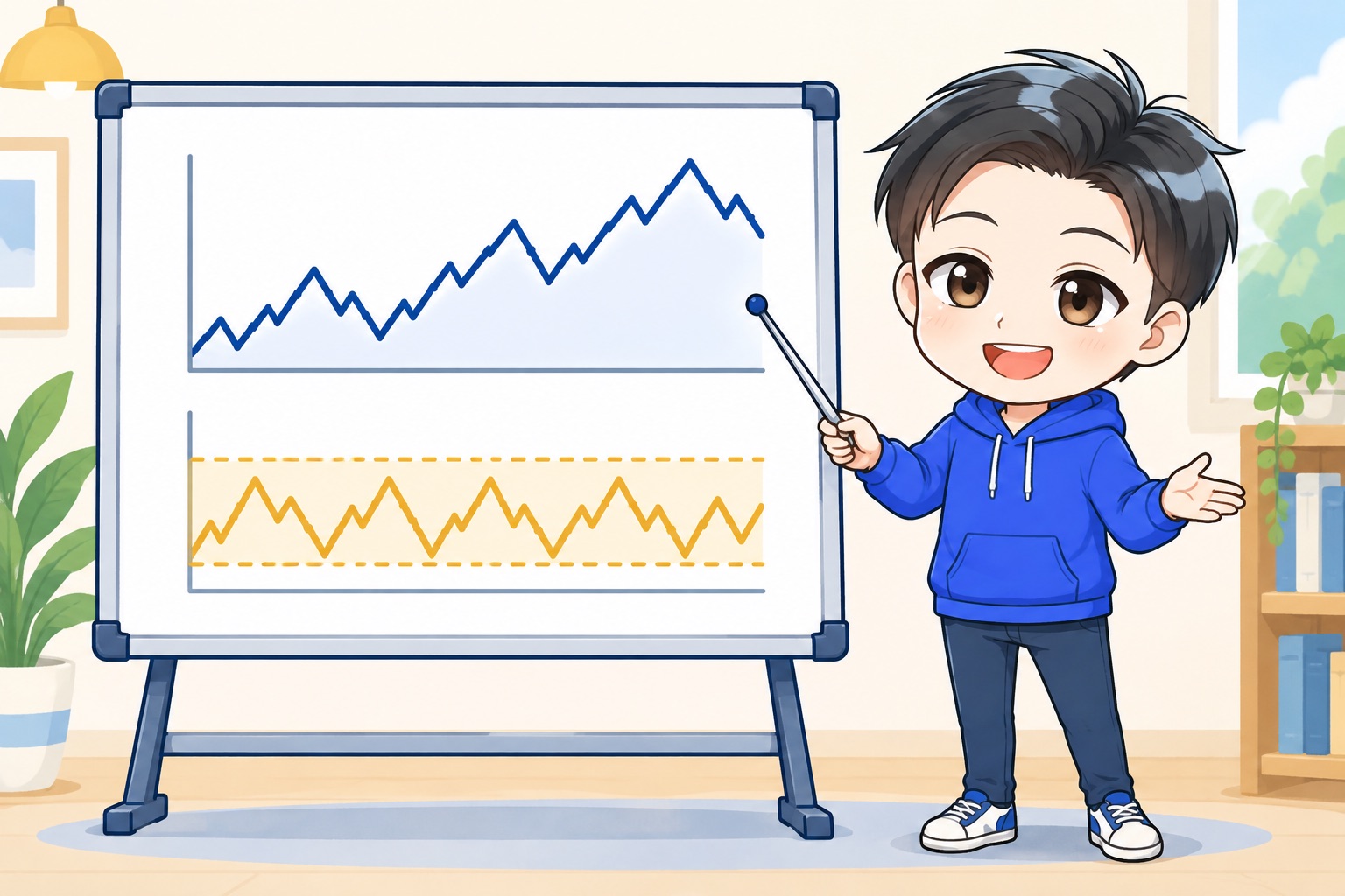 トレンドとレンジの模式図を説明するゆうのすけのイラスト